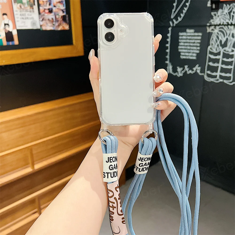 Étui de téléphone transparent avec lanière et collier en bandoulière pour iPhone 15 16 14 Pro Max 14 13 12 11, housse de protection antichoc à coussin d'air_voghion.com