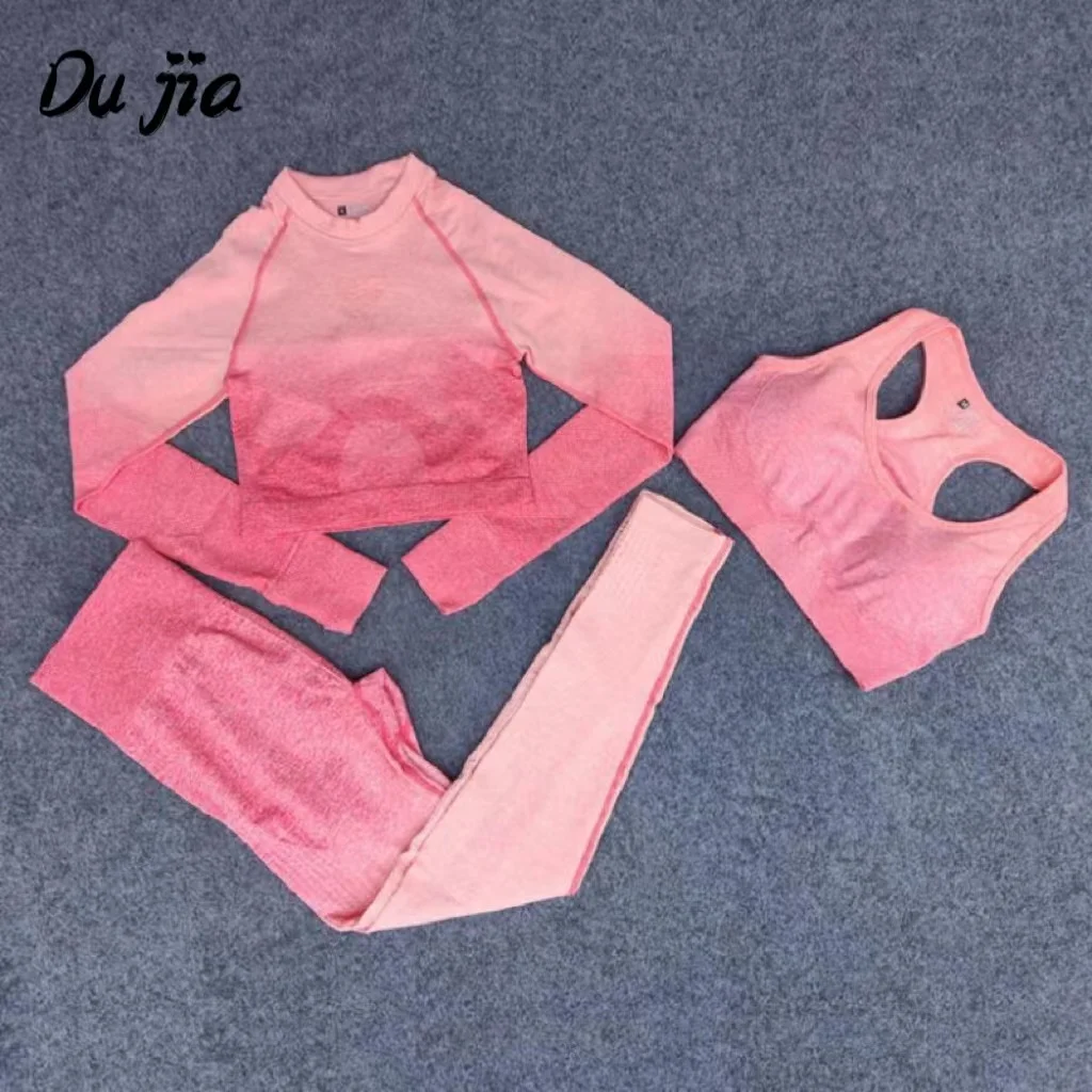 

Ombre Women Fitness Workout Sports Suit Yoga Set Seamless Leggings Long Sleeve Crop Top Sports Bra Running Pants Gym Clothing