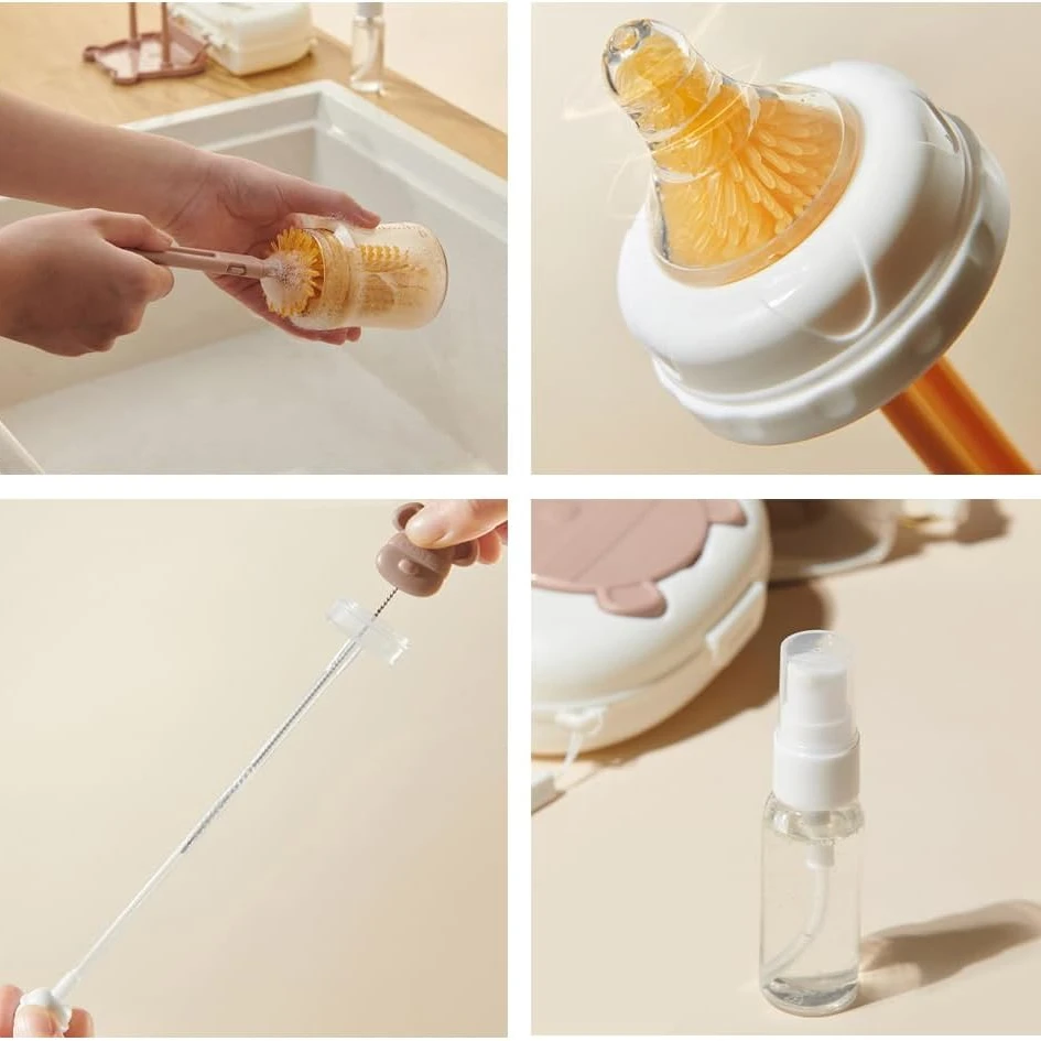 6 in 1 Bottle Cleaning Brush Set with Silicone Bottle Brush Straw Nipple Soap Dispenser Storage Box Drying Rack