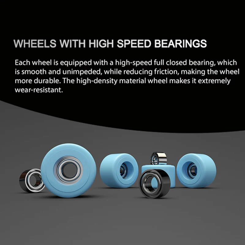 Caption saying wheels with high speed bearings picture of blue wheels