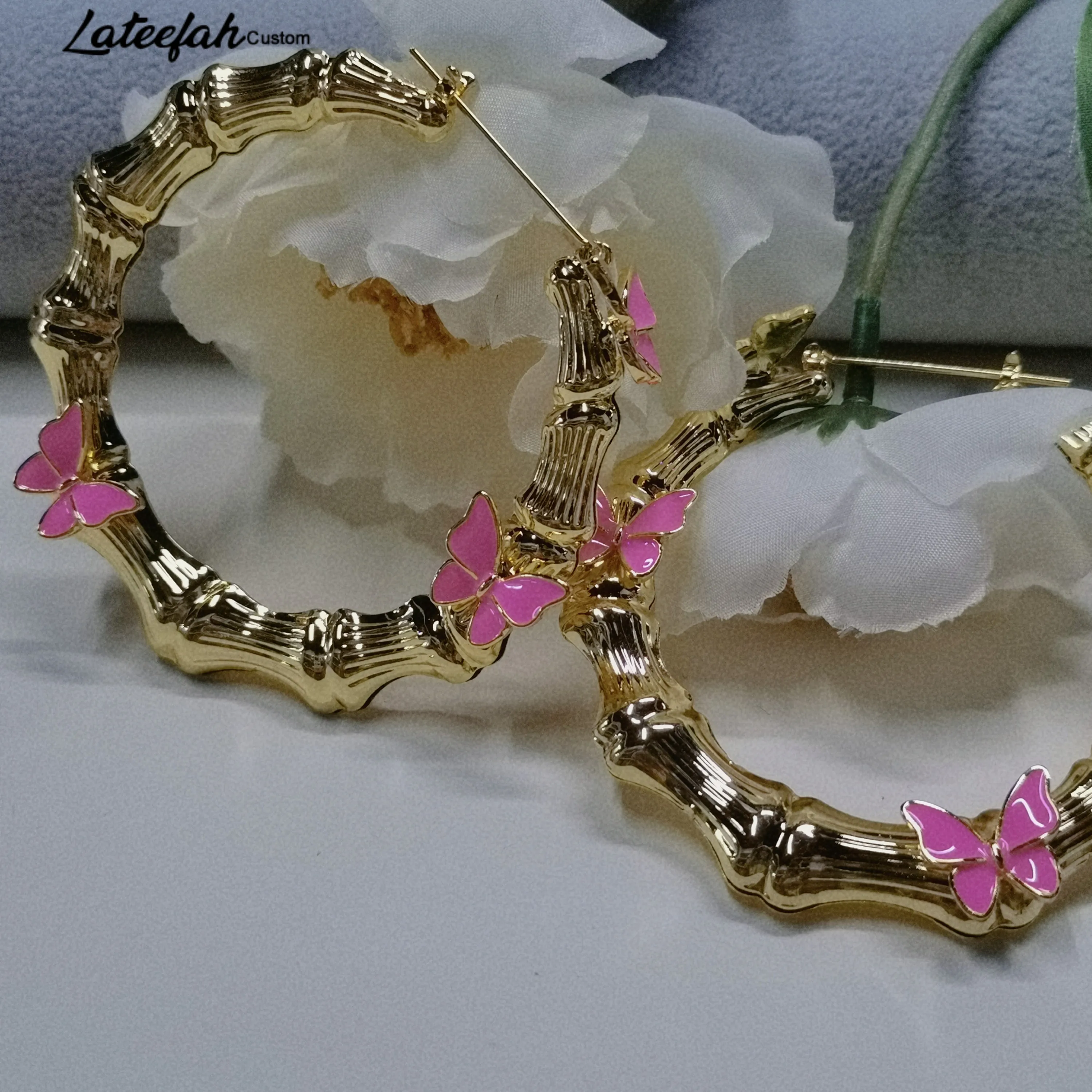 Lateefah 70mm Trendy Stainless Steel Personalized Custom Butterfly Earrings for Women Custom Round Bamboo Earrings Jewlery Gift