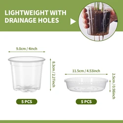 5 - Piece Transparent Plant Pot Set with Saucers and Drainage Holes (4 Inch)