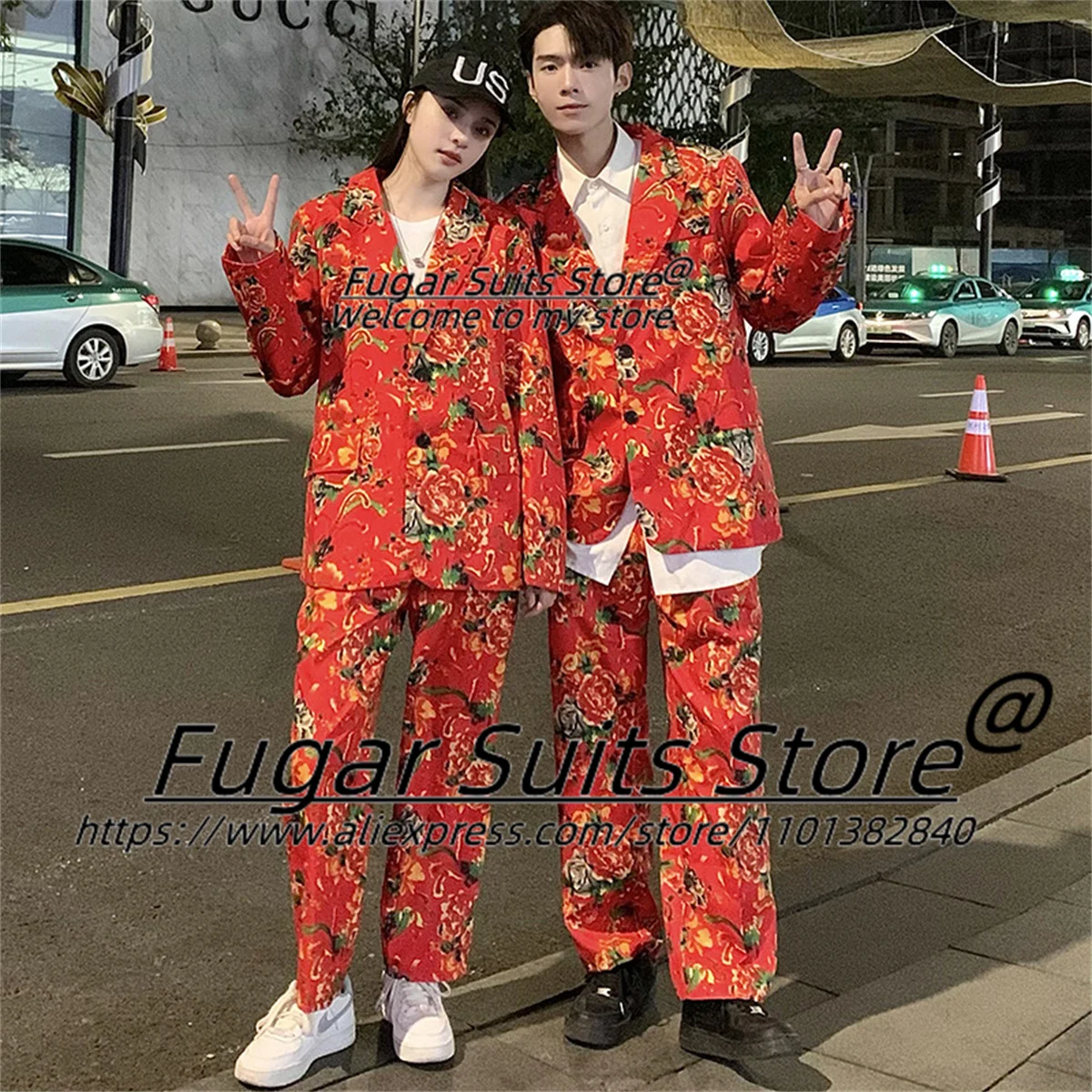 China Fashion Red Jubilant Men Suits Slim Fit Peak Lapel Tailor Made Groom Formal Tuxedos 2 Pieces Sets traje de hombre elegante