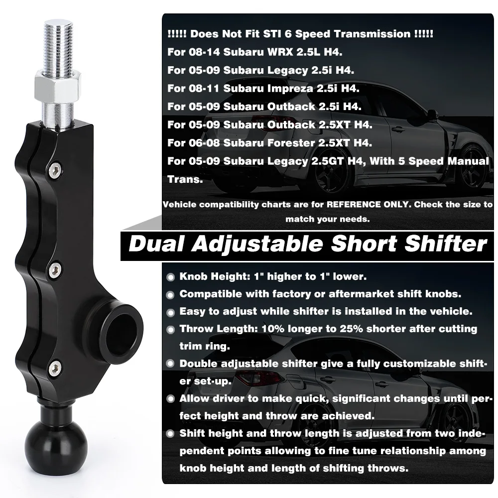 LIZHI- For 2008-2014 Subaru WRX Legacy Outback Legacy Forester Double Adjustable Short Throw Shifter Customizable Three Bolts
