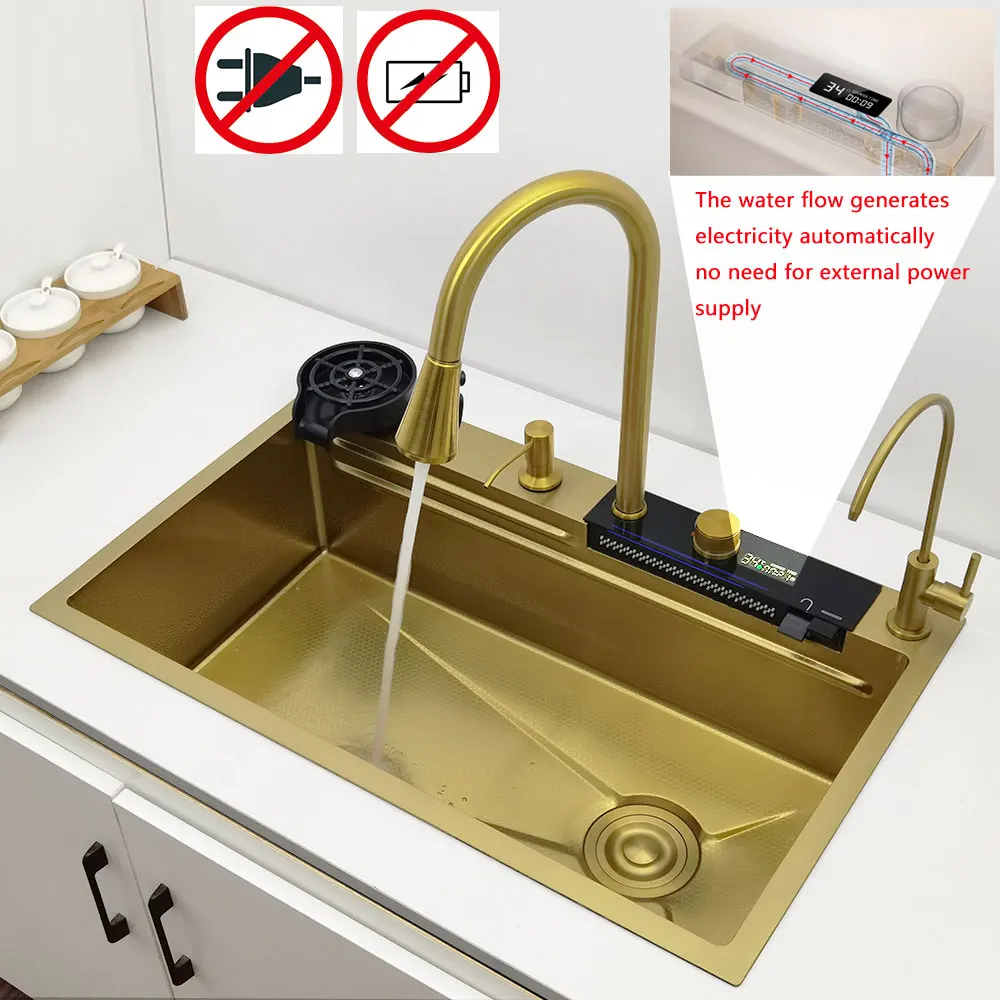 Gold LED Waterfall Kitchen Sink Large Single basin honeycomb anti-scratch nano technology Stainless Steel Sink LED Faucet 4