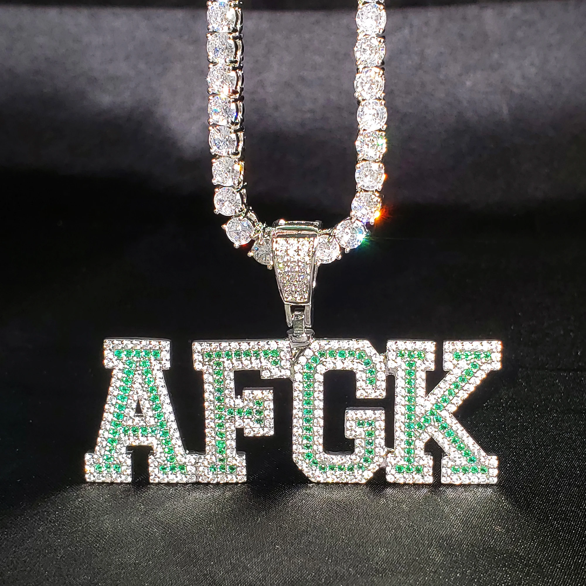 Green Stone Custom Name Necklace, Personalized Letters Pendant, Prom Jewelry, Personalized Nameplate, Bling Hip Hop Jewelry