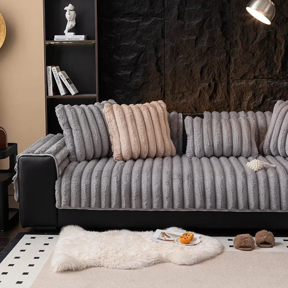 Winter Thickened Plush Sofa Cushion Simple Solid Color Home Living Room Decoration Soft Comfortable Non-slip Settee Seat Cushion 3