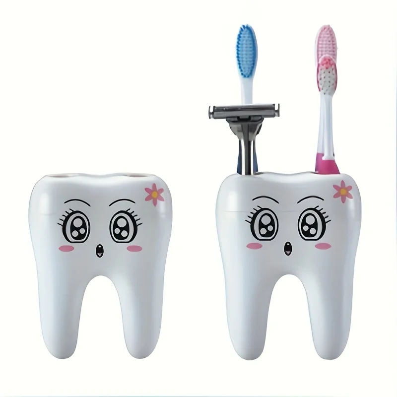 

Toothbrush Holder For Kids With 4 Holes Cartoon Design Tooth Shape Razor Holder Freestanding Countertop Bathroom Organizer