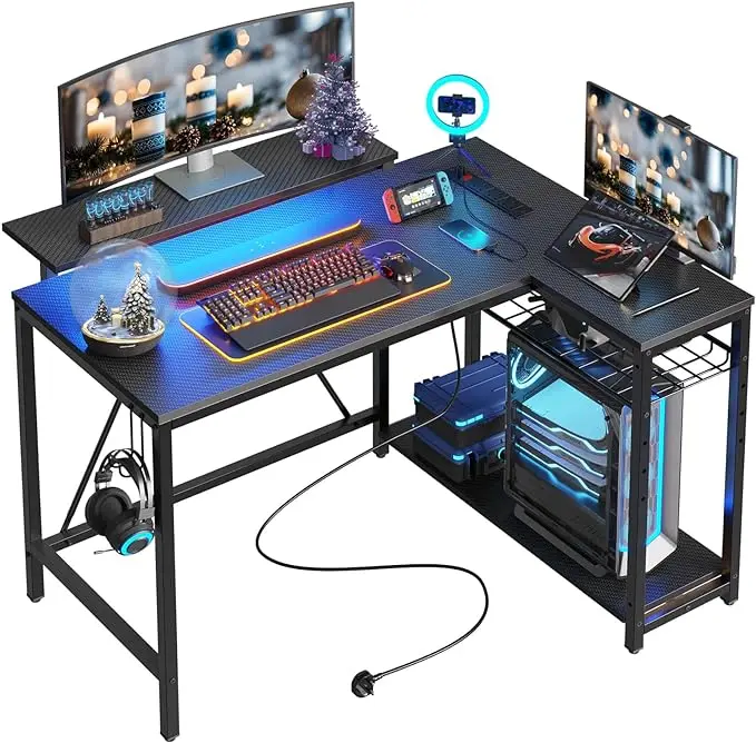 

Bestier Small Gaming Desk with Power Outlets,42 L Shaped LED Computer Desk with Stand Reversible Shelves,Corner Gamer Desk