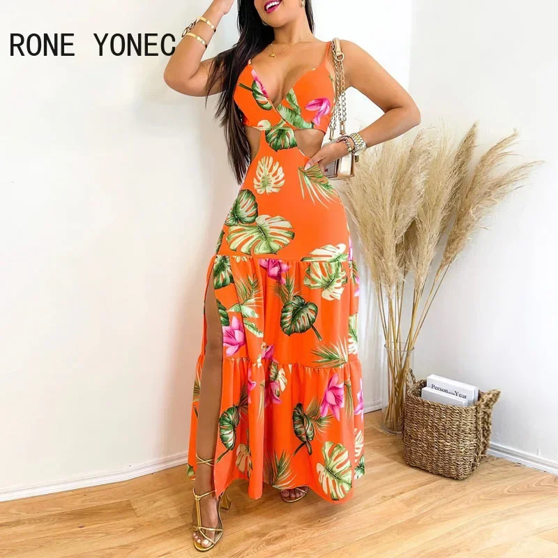 

Women Elegant Sexy Deep V Neck All Over Print Spaghetti Straps Lace Up Midriff Ruffles Maxi Sexy Hiigh Silt Dresses