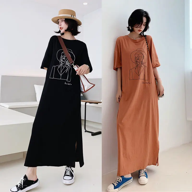 Summer 2022 Korean Women Dress Short Sleeve O-neck Pure Cotton Show Thin T-shirt Dress Large Loose Maternity Draped Long Dresses