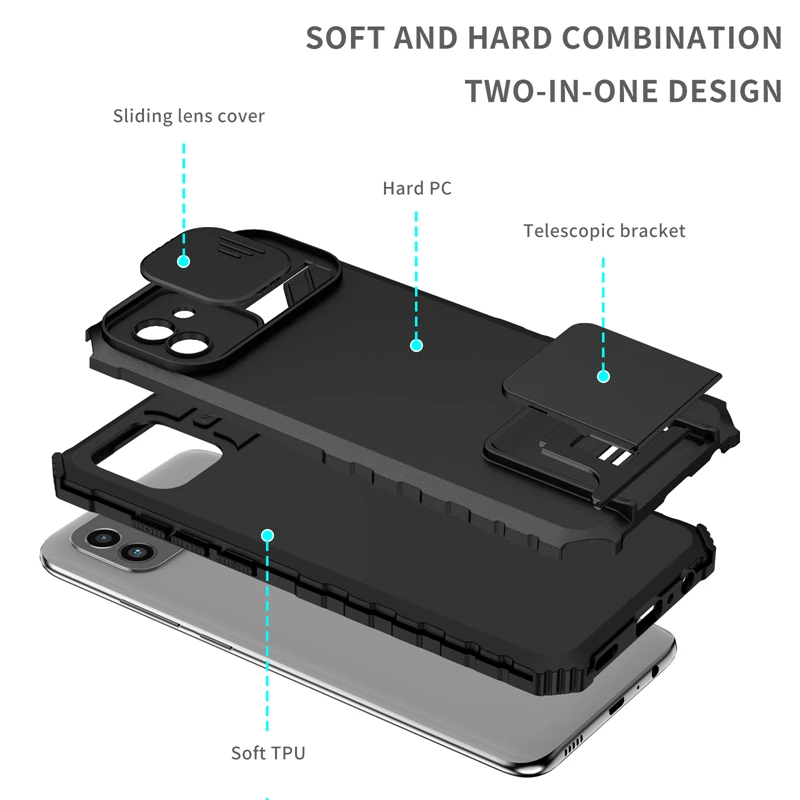Slide Camera Lens Protect Armor Back Case with Holder Stand