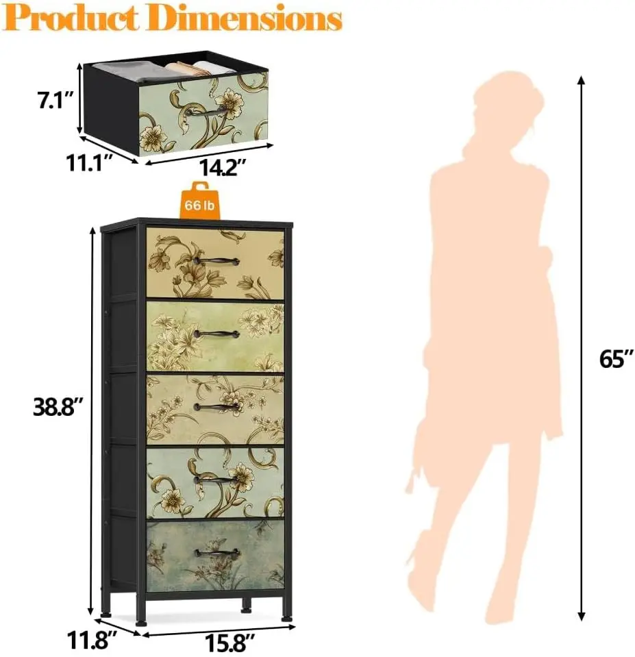 Vertical Dresser for Bedroom, Tall Skinny Storage Tower with 5 Fabric Drawers, Chest of Drawers for Living Room, Dorm, Entryway, - Image 5