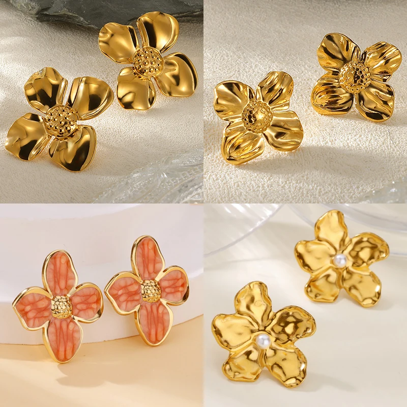 Brincos de flor fofos para mulheres, aço inoxidável, cor dourada ...