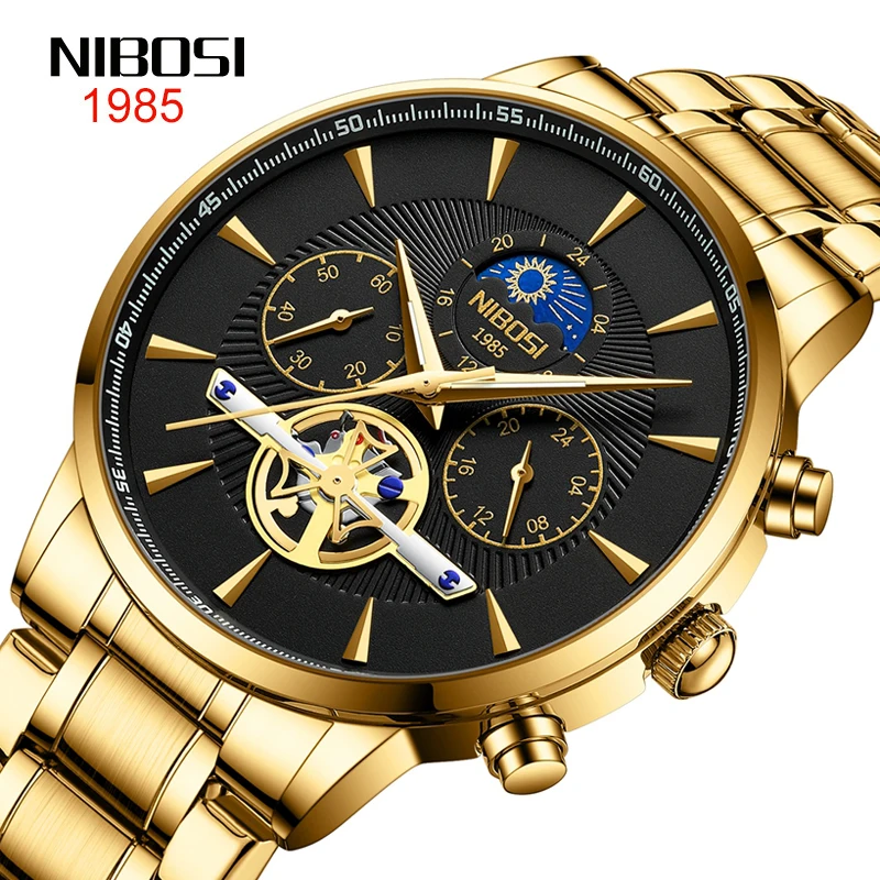 NIBOSI Brand Luxury Tourbillon Quartz Watch Men Stainless Steel Waterproof Fashion Chronograph Watches Mens Relogio Masculino