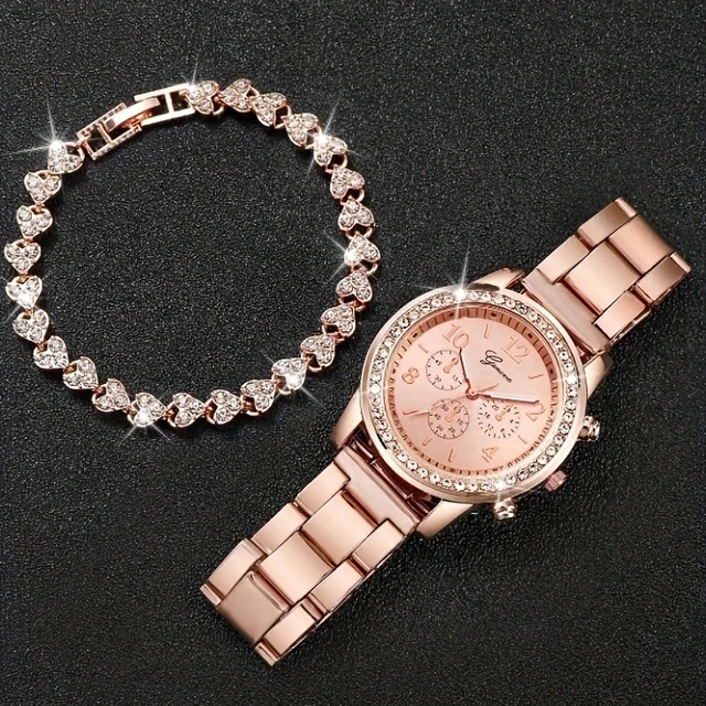 2Pcs Fashion Light Luxury Commuting Campus Style Alloy Women's Quartz Watch Heart Diamond Bracelet Set is an ideal choice for ho 3