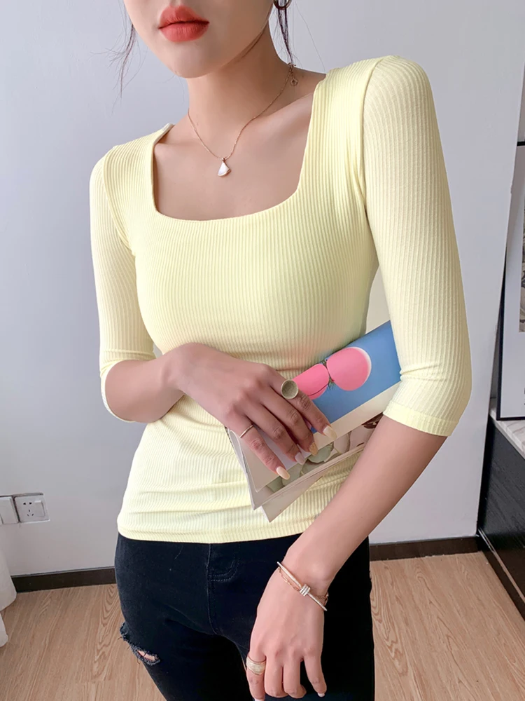 

Women's Summer T-shirt ribbed T-shirtHalf Sleeve Basic Casual Top Soft Tshirts Female White T-shirt Women Tees Black Gray Yellow