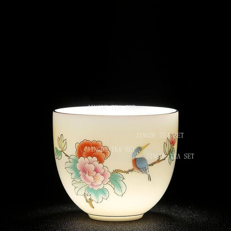 1PCS Sheep Fat Jade Tea Cup White Porcelain Landscape Gold Painting Kung Fu Tea Set Household High-end Tea Cup Drinking Utensils