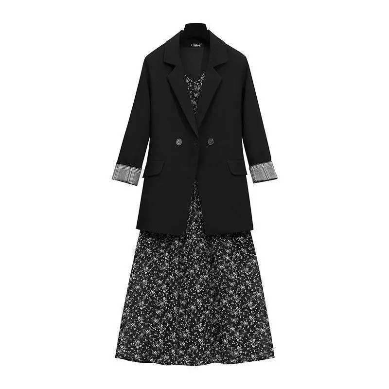 2023 Autumn/Winter Korean Edition New Large Women's Spring Fashion Coat+floral Dress Slimming Two-piece Set