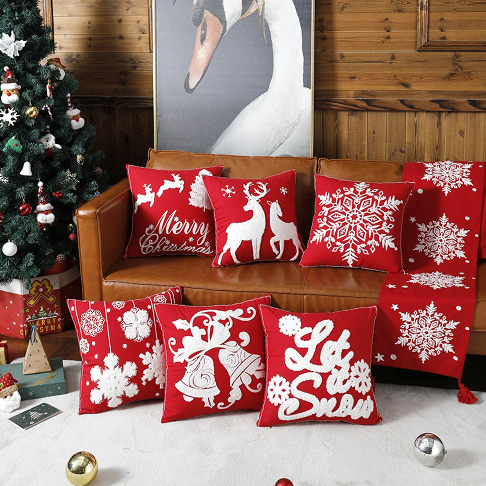 

Christmas Decoration Cushion Cover 45x45cm Santa Snowflake Deer Snowman Pillow Case Red Green Square Embroidery Pillow Cover