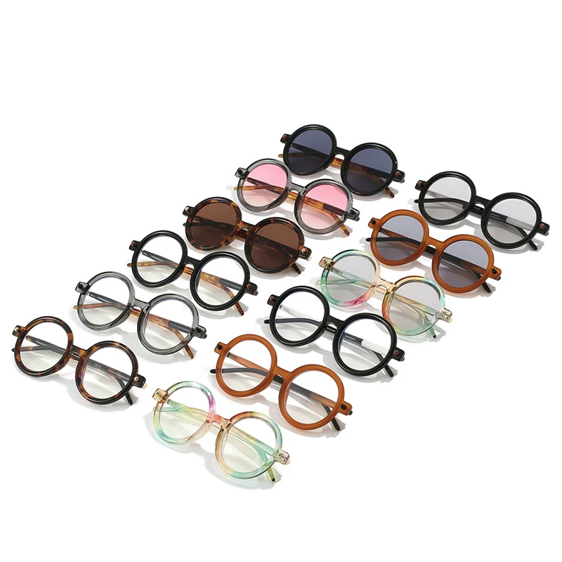 Retro Gray Pink Lens Round Sunglasses Women 2022 Brand Trendy Shiny Circle Frame Men Spectacle Plain Eyewear Shades Sun Glasses