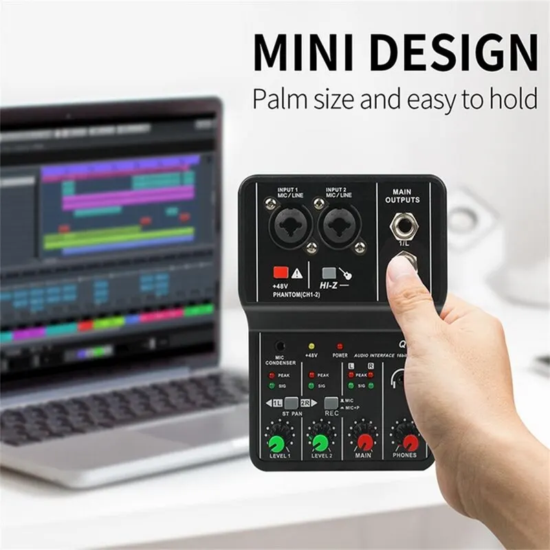 Audio Mixer Q-12 Professional Portable Mixer Sound Card with Monitor for Electric Guitar Live Broadcast Recording Studio Singing Computer PC
