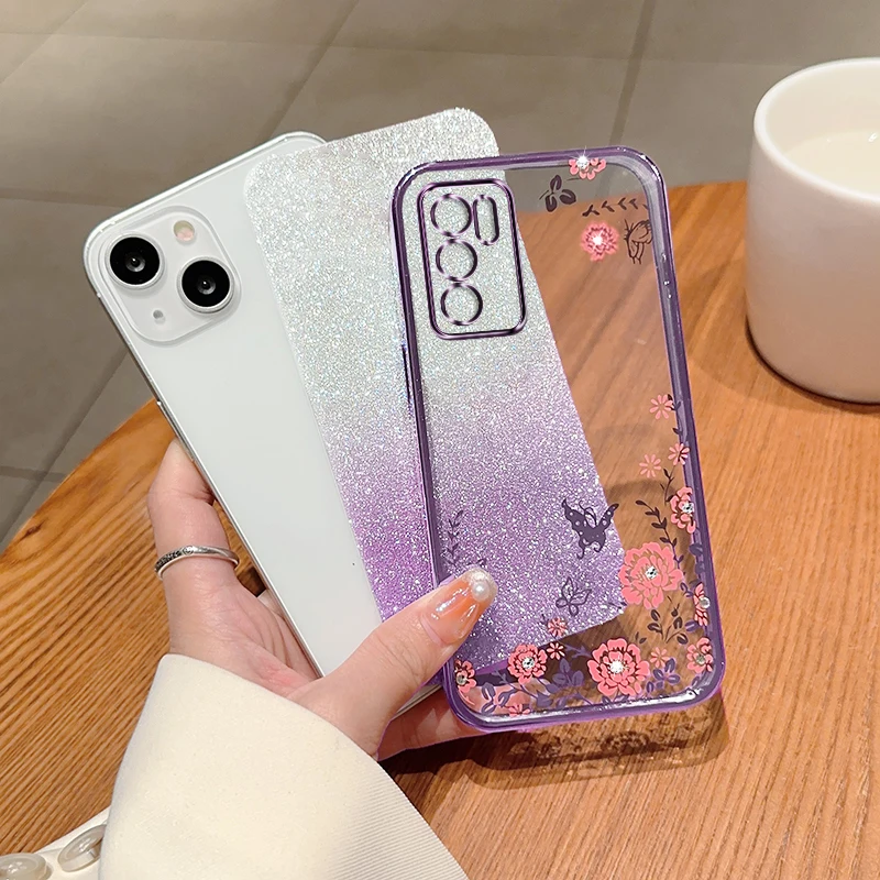 Glitter Butterfly Flower Phone Case For OPPO A16 A15 A15S A52 A53 A55 A74 A93 A94 A95 F19 F17Pro Reno7 10 Gradient Cover_voghion.com