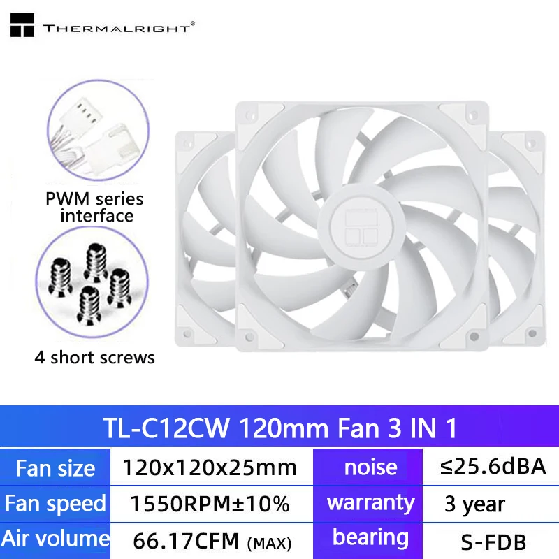 Ventole 120mm Thermalright TL-C12RW-S V2 CPU Ventola Di Raffreddamento PWM, 4 Pin PWM Ventola ARGB Bianca Effetto Specchio