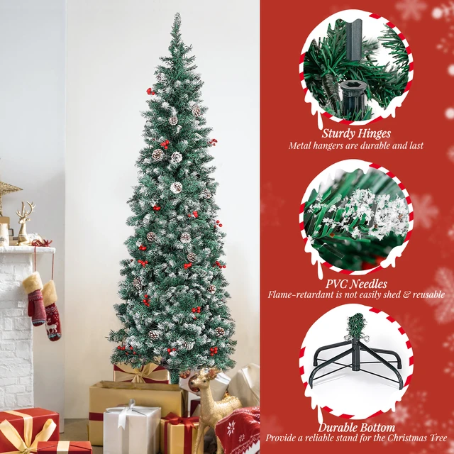 6/6.5/7.5 Ft Artificial TreePre-Decorated Pencil Christmas Tree Pre-Lit Holiday Tree PVC Flocked Frosted Tips Warm White Lights 4
