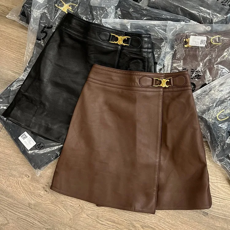 

New OL Commuter Style High Waist Slim Metal Chain Design Sheepskin Skirt With Genuine Leather Skirt