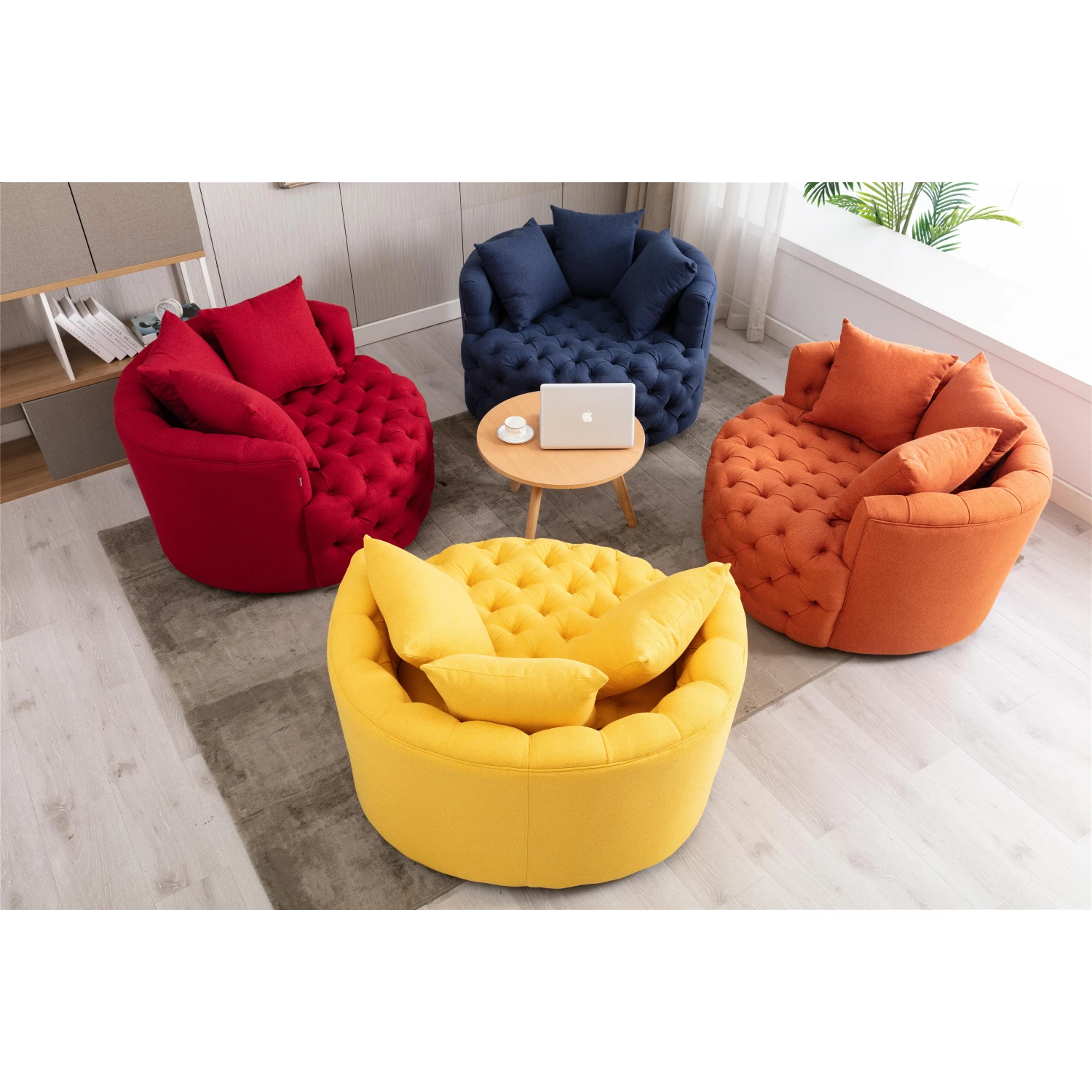 Modern Akili Swivel Barrel Chair Round Linen Accent Chair Leisure Chair Recliner Sofa W/3 Pillow for Hotel Living Room 6 Colors