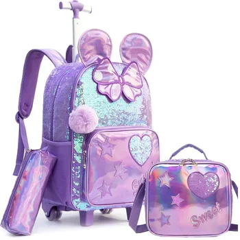 3PCS Cute Sequin Girls Rolling Backpack Primary Child School Backpacks Girl with Wheels Back To School Bags for Kids Luggage 1