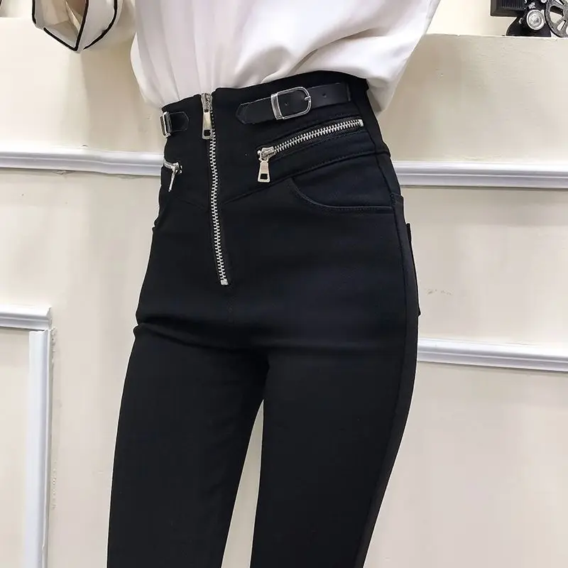 Women's 2024 Autumn and Winter New Patchwork Zippered Pockets Solid Color Slim High Waisted Slimming Tight Magic Leg Pants