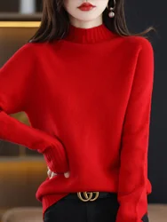 Autumn Winter Thick Long Sleeve Cashmere Women Knitted Sweaters 100% Pure Merino Wool Sweater Mock-Neck Top Pullover Clothing