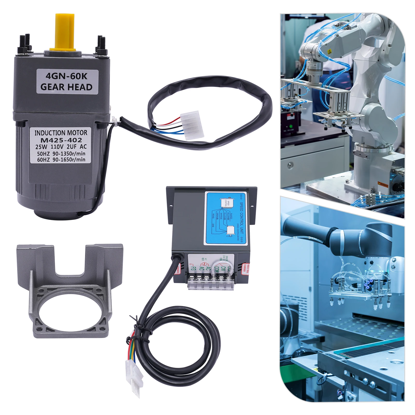 AC 110V Electric Gear Motor Variable Speed Reduction Controller 1:60 25W 90-1350 RPM