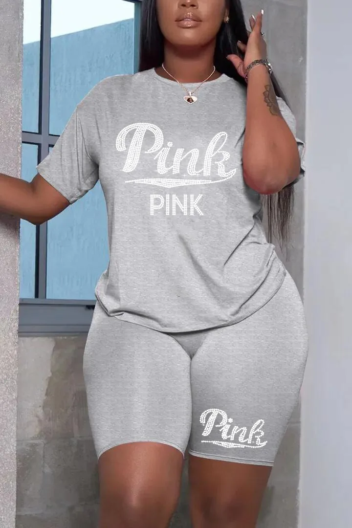 Plus Size Two Piece Sets Casual Short-sleeved Top and Short Pants Set Hot Diamond Printing Graphic Plus Size Womens Outifits