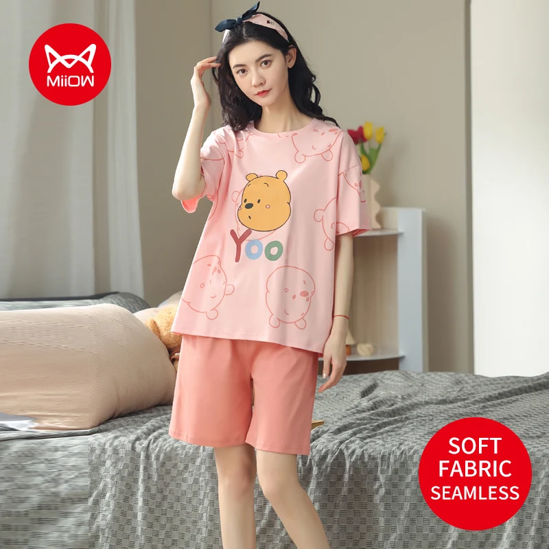 MiiOW 2176 Cotton Women's Pajamas 2 Piece Set Cute Cartoon Print Short Sleeve Shorts