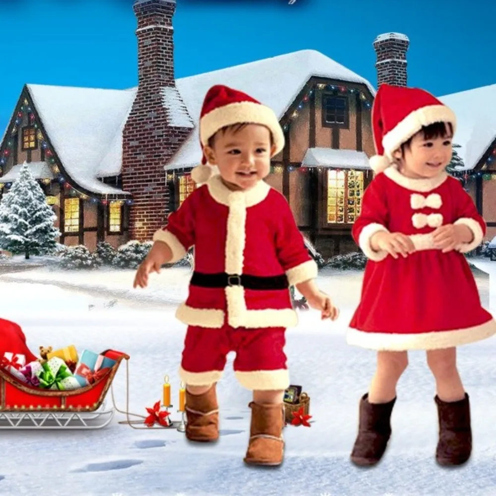 2024 New Year Christmas Clothes Santa Claus Soft Cosplay Costume Red Xmas Suit Toddler Girl Dress Set Infant Winter Outwear