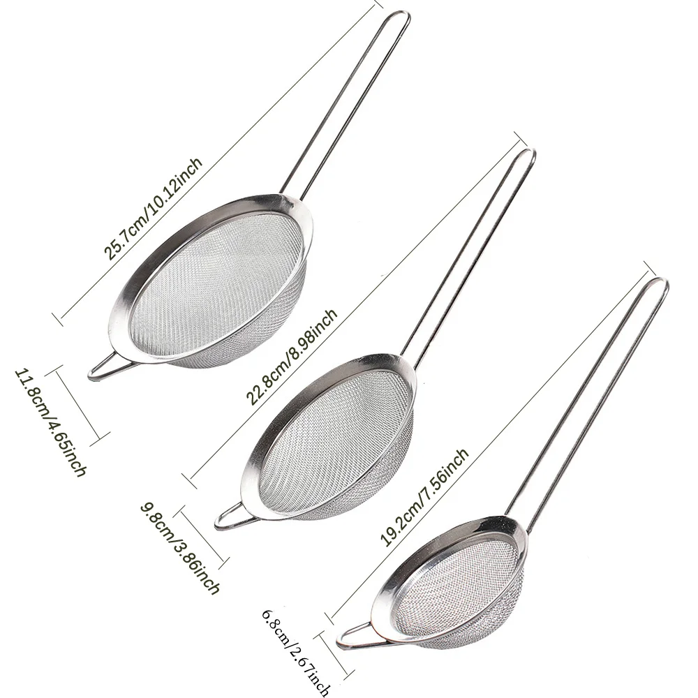3pcs Fine Mesh Strainers Set Stainless Steel Multipurpose Flour Sieve  Sifter With Handle Perfect For tea Flour Egg Kitchen Tool 4