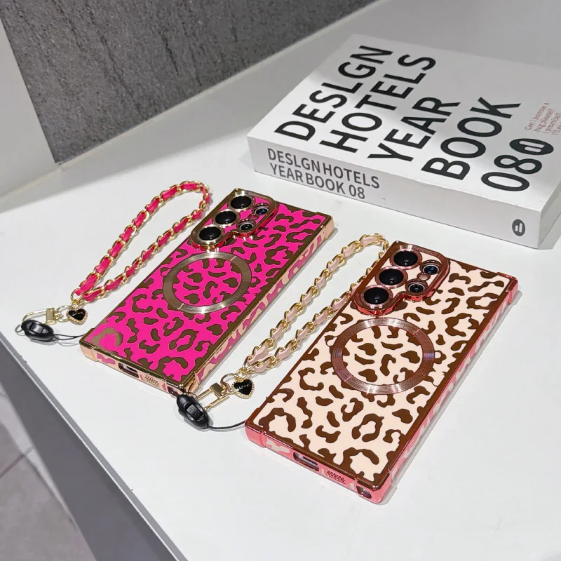 Leopard Print Magnetic Phone Case with Wrist Strap