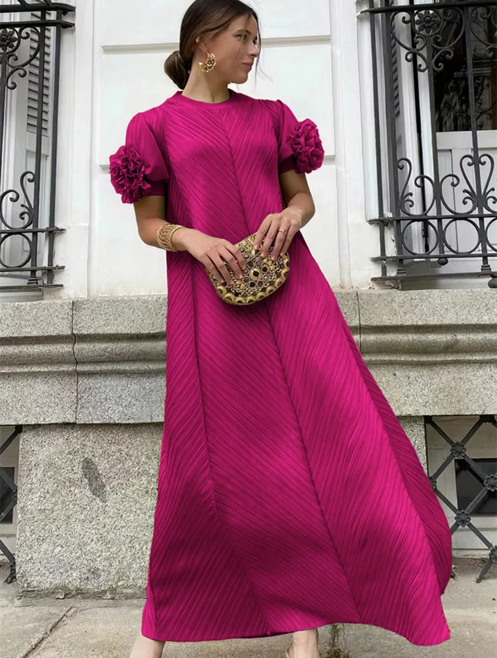 Vestido Largo Plisado De Manga Larga - Estampado Floral Bohemio - Cuello En V Y Cintura Elástica - Para Otoño E Invierno