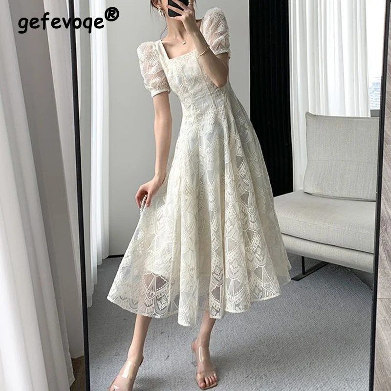 

Женское винтажное кружевное платье с вышивкой, Элегантное летнее платье миди с квадратным вырезом и коротким рукавом