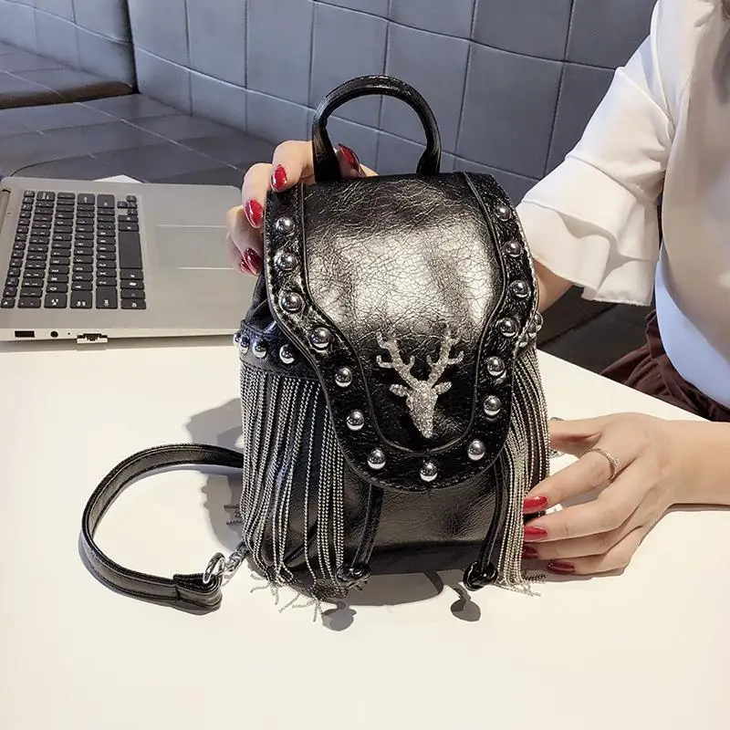 

Gothic Rock PU Leather Women Handbag Shoulder Bag Tassel Messenger Bag Women Purse Diamonds Designer Handbag Luxury Bag