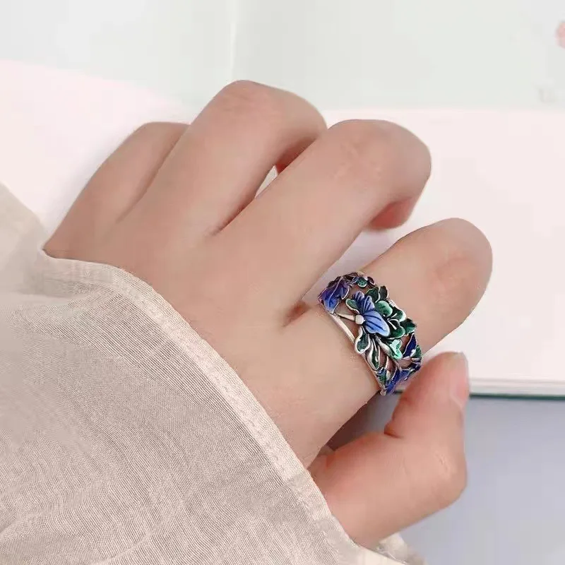 925 シルバー七宝ブルーグリーンエナメルクラフト牡丹の花リング女性の