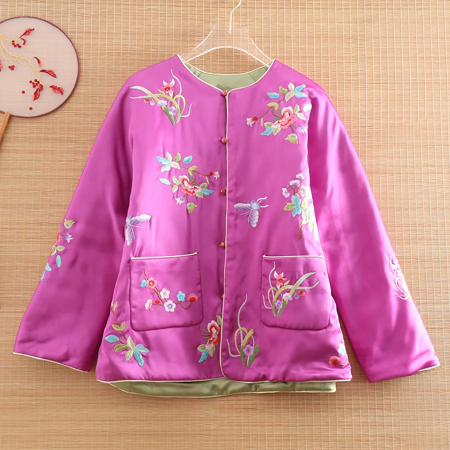 

Высококачественная зимняя женская куртка, топ в китайском стиле, костюм Тан, новый год, ретро, вышивка, элегантное женское теплое пальто, женская модель