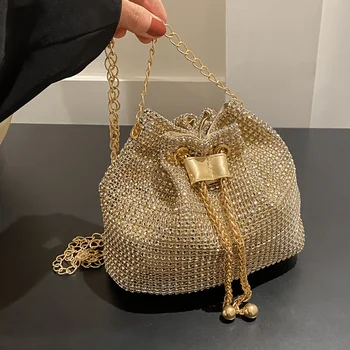 Ladies' shiny drawstring crossbody bag, bucket-shaped handbag, multi-functional, available in 5 colors: green, gold, silver, bla 1