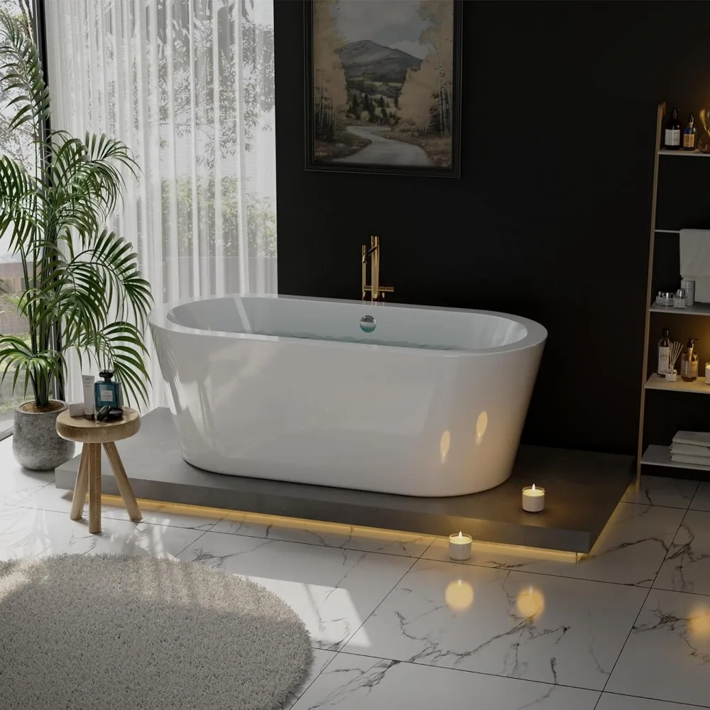 Acrylic Freestanding Bathtub Contemporary Stand Alone Soaking Tub with Overflow and Drain, , Luxury White hot tub 2