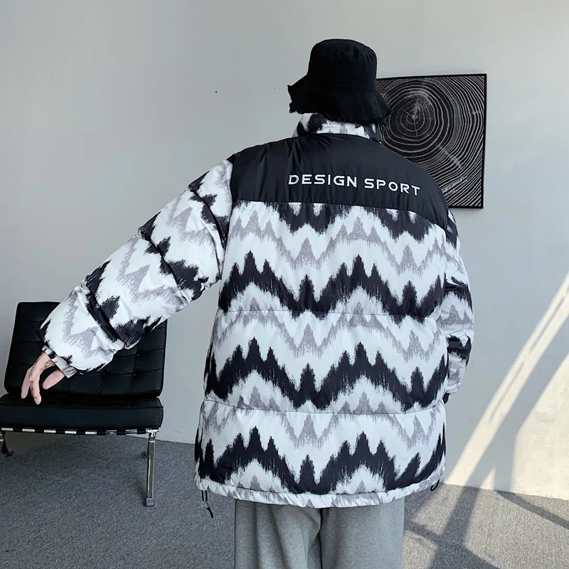 Oversize Men Jacket Winter Patchwork Stand-up Collar Printing Coat Cotton-Padded Jacket Unisex Thick Warm Vintage Fashion Parkas