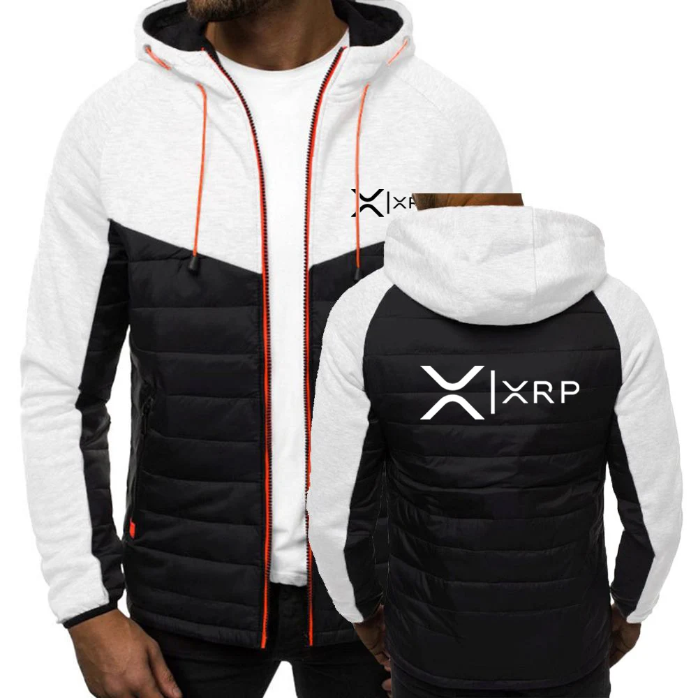 2025 Spring Autumn Men's Cryptocurrency Ripple XRP Logo Print Personality Solid Color Patchwork Long Sleeve Hooded Cotton Jacket 4