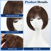 10in Human Hair Topper and Human Hair Extension wig for Women 6.5x6.5 Inch Silk Base Brown Side-parted Short Straight Bob with Bangs Natural Breathable 70g 3